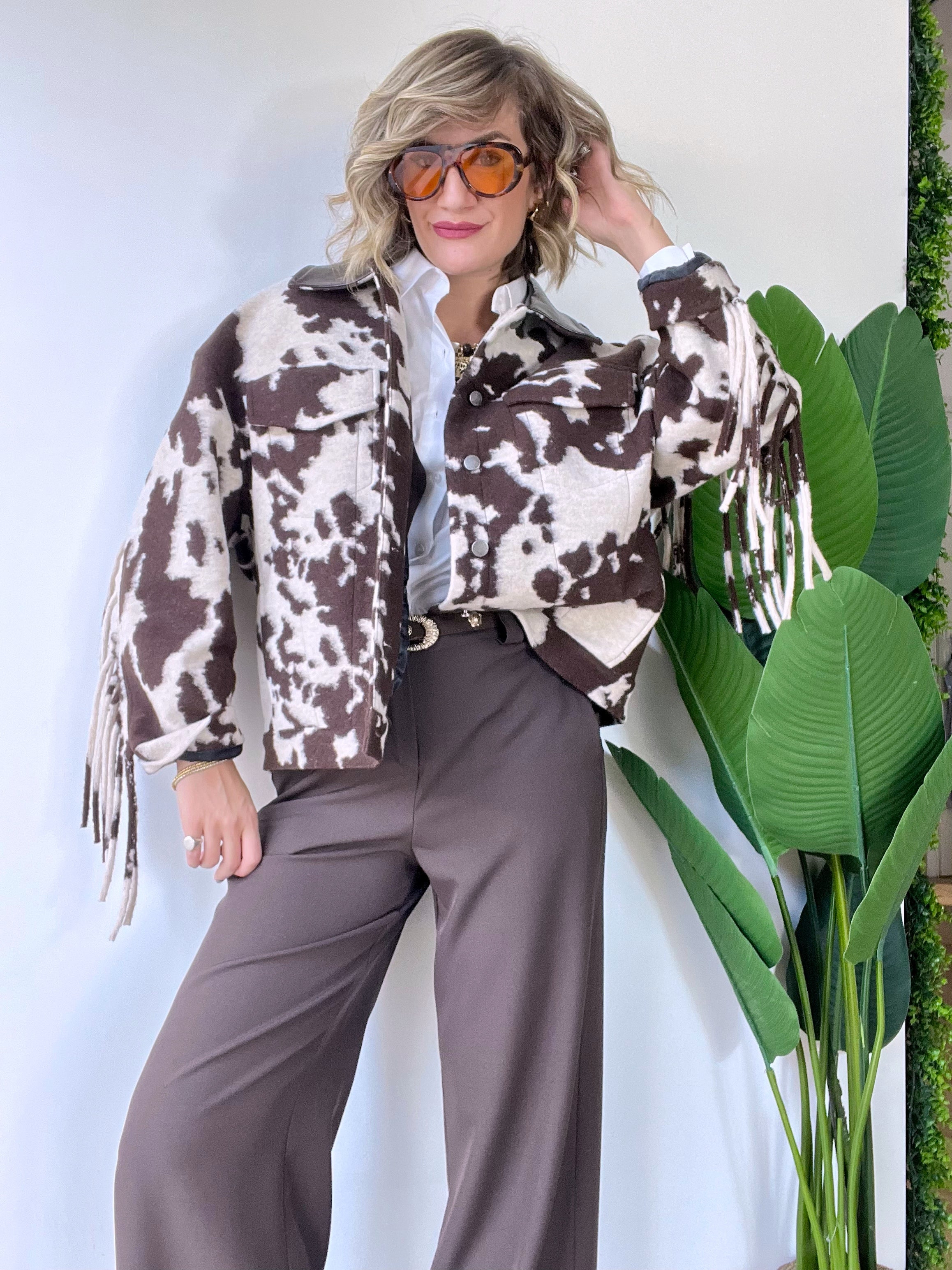 Giubbotto in panno con frange COW marrone scuro