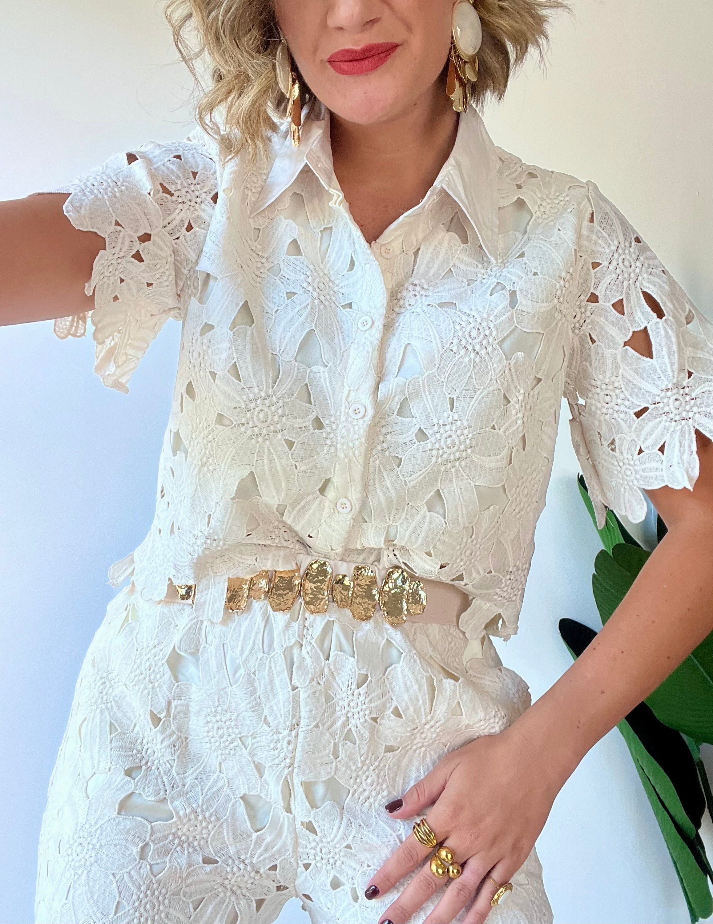 Coordinato con pantalone in pizzo beige