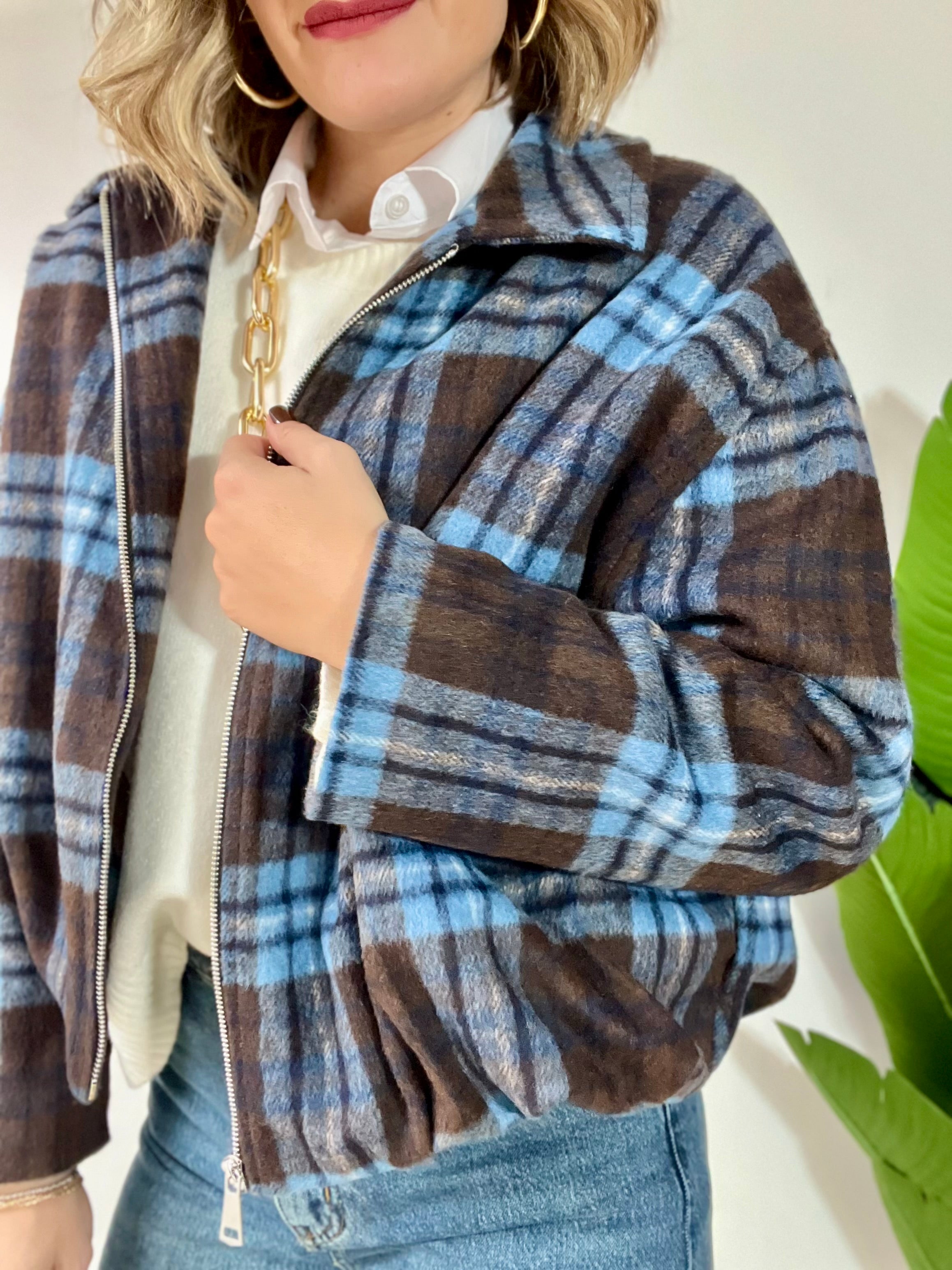 Bomberino in panno a scacchi marrone e azzurro