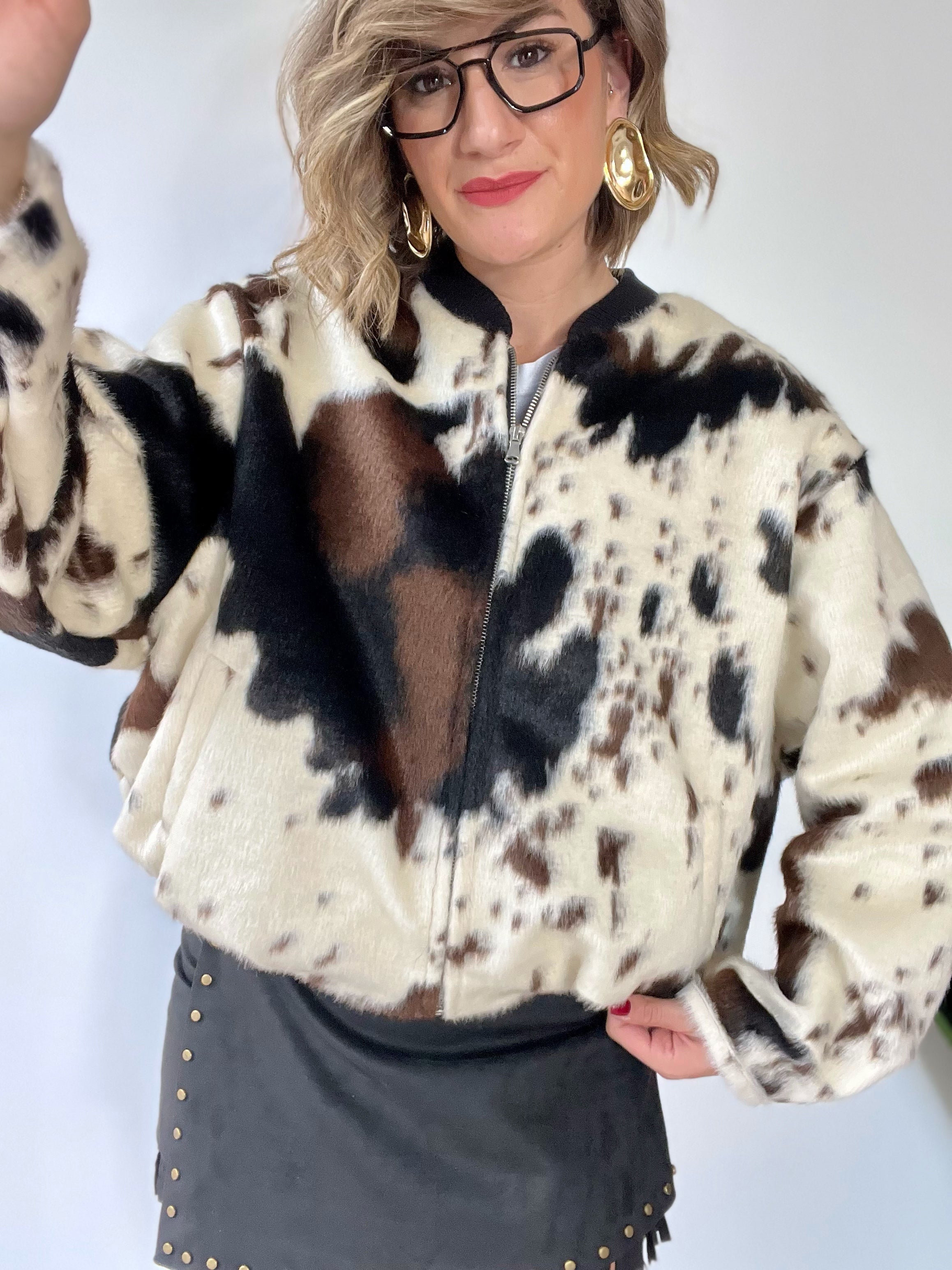 Bomber in ecopelliccia fantasia cow