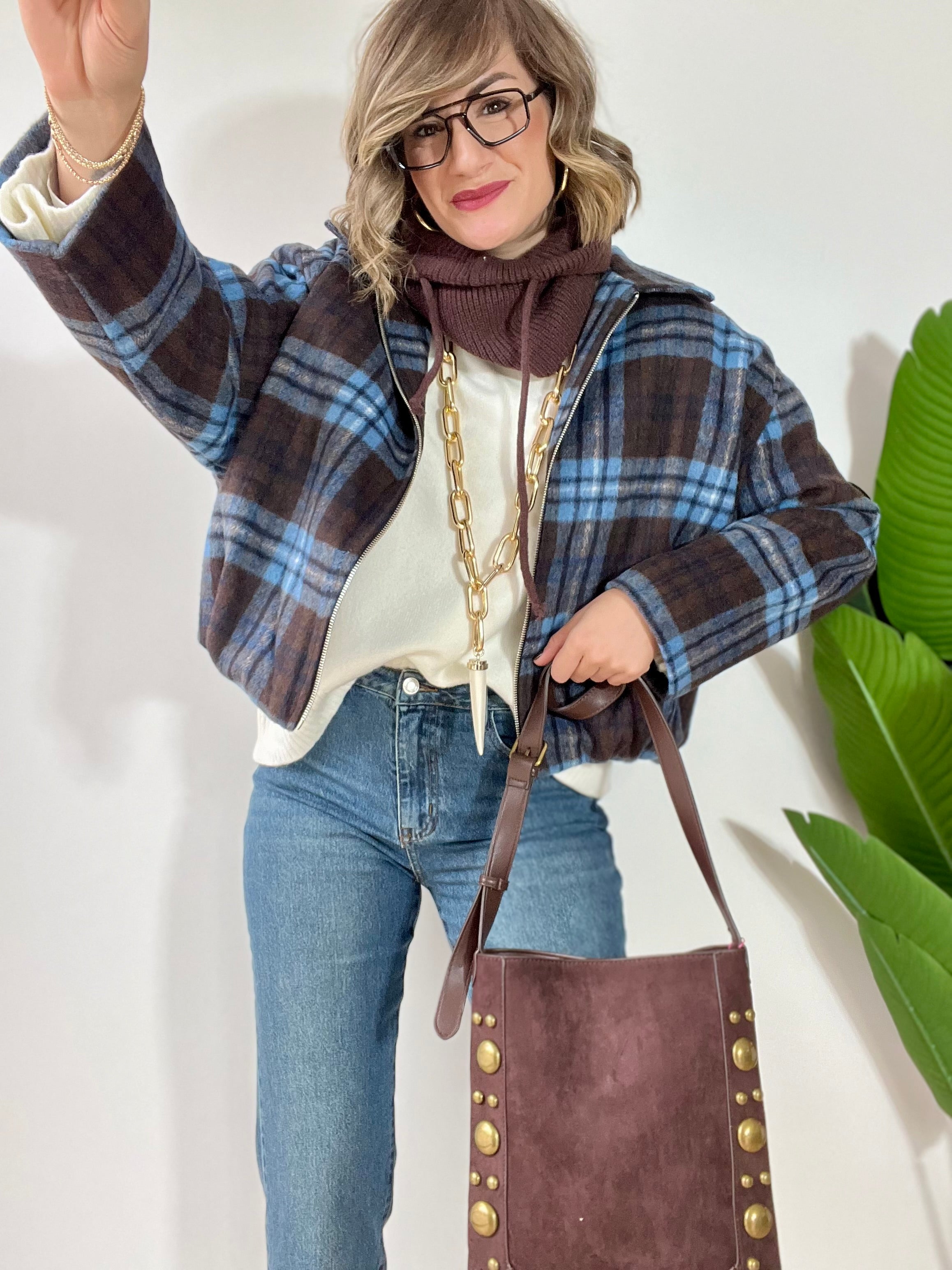 Bomberino in panno a scacchi marrone e azzurro