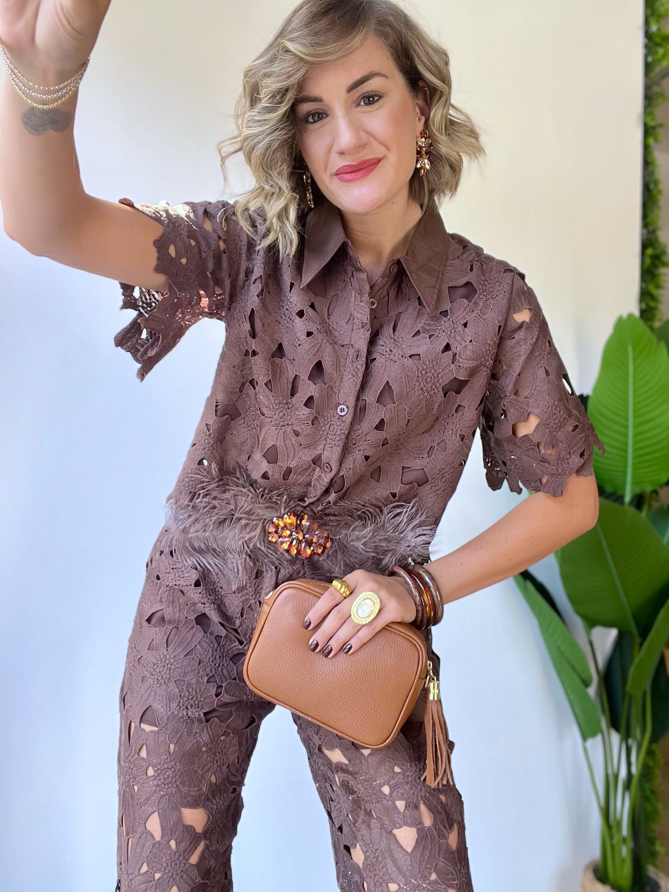Coordinato con pantalone in pizzo marrone