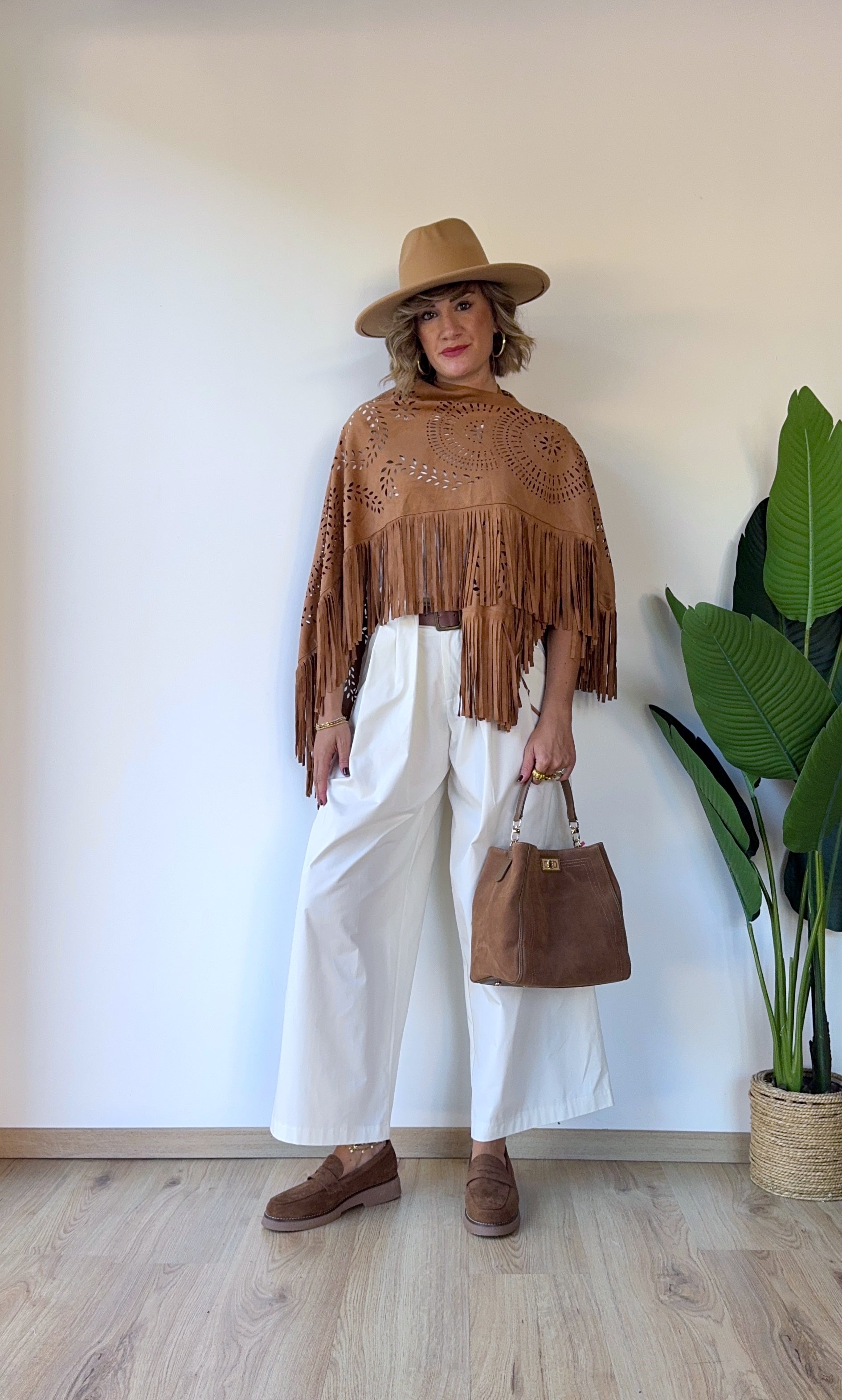 Pantapalazzo in cotone con cintura beige