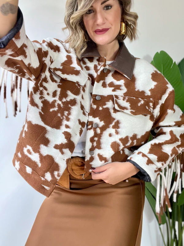 Giubbotto in panno con frange COW cammello