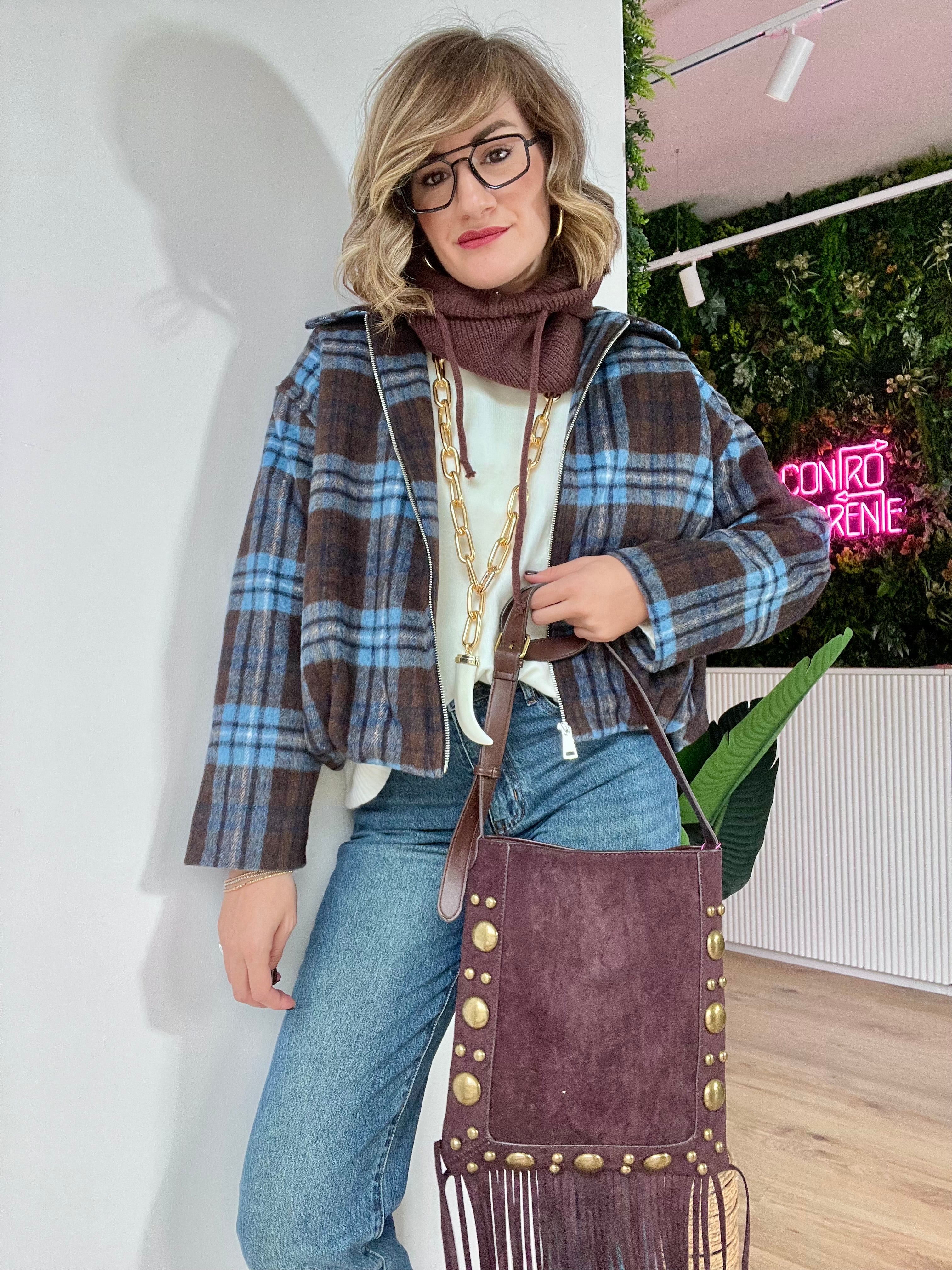 Bomberino in panno a scacchi marrone e azzurro