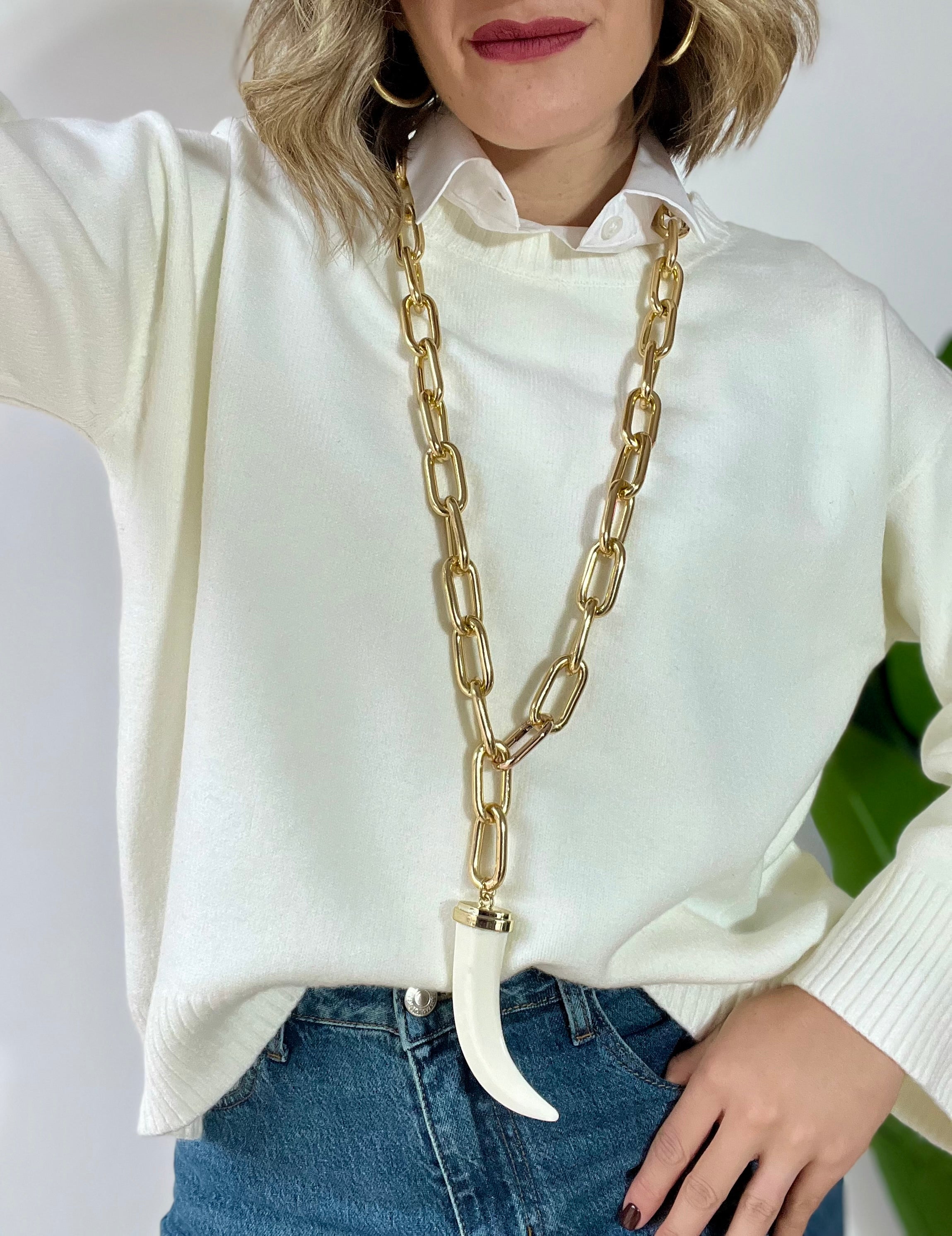 Collana lunga catena oro con corno