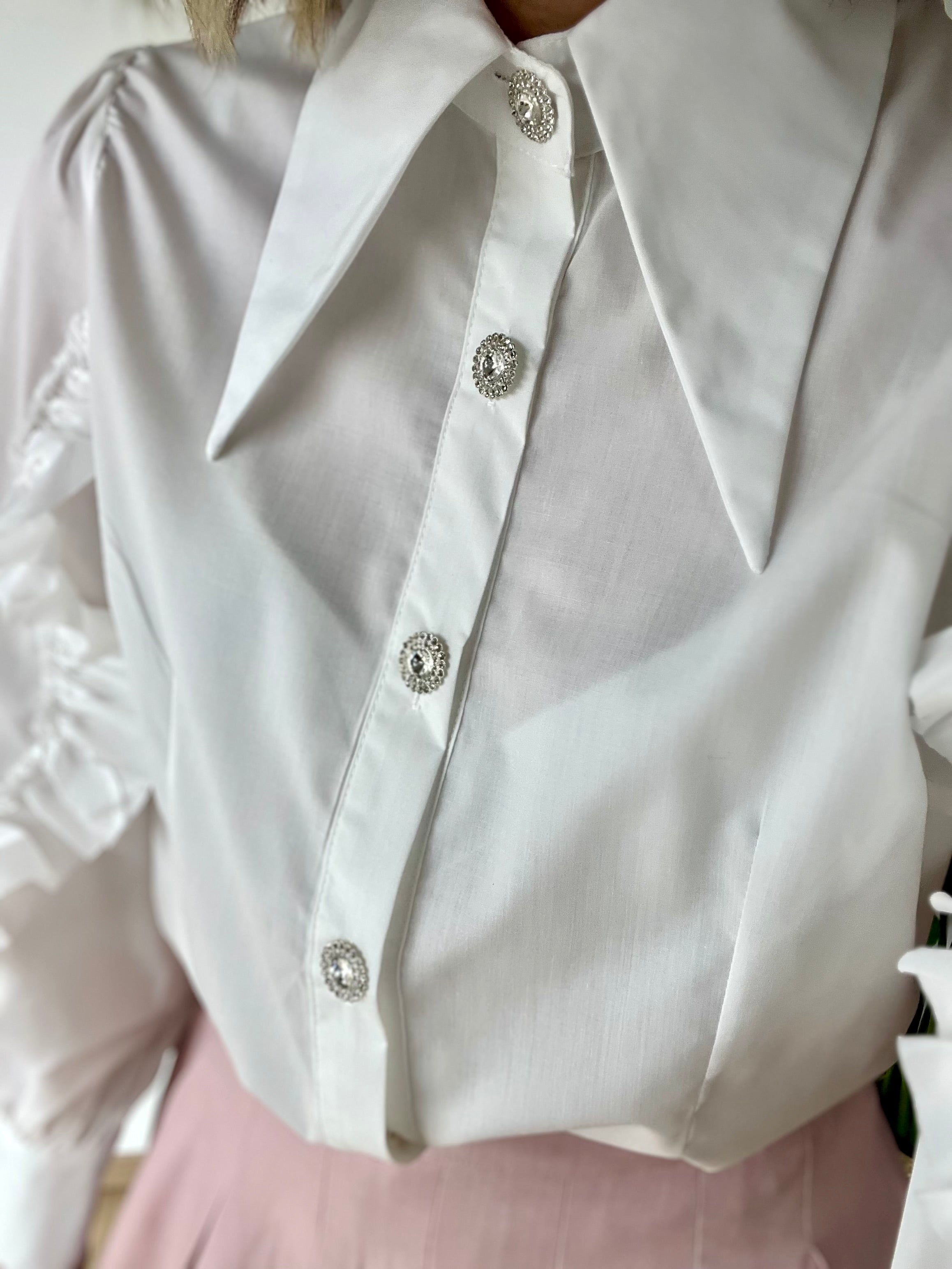 Camicia in cotone con rose sulle maniche e bottoni gioiello