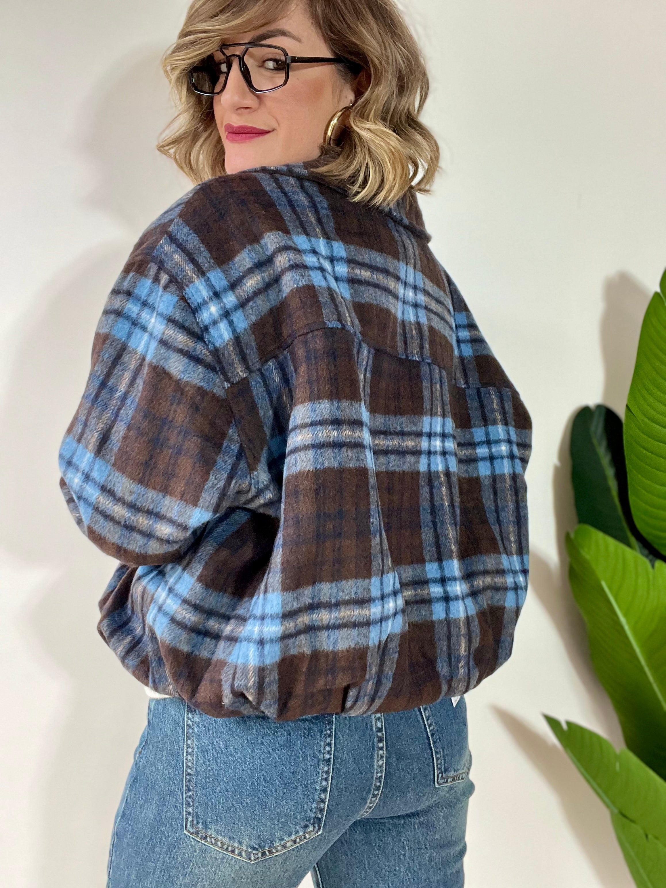 Bomberino in panno a scacchi marrone e azzurro