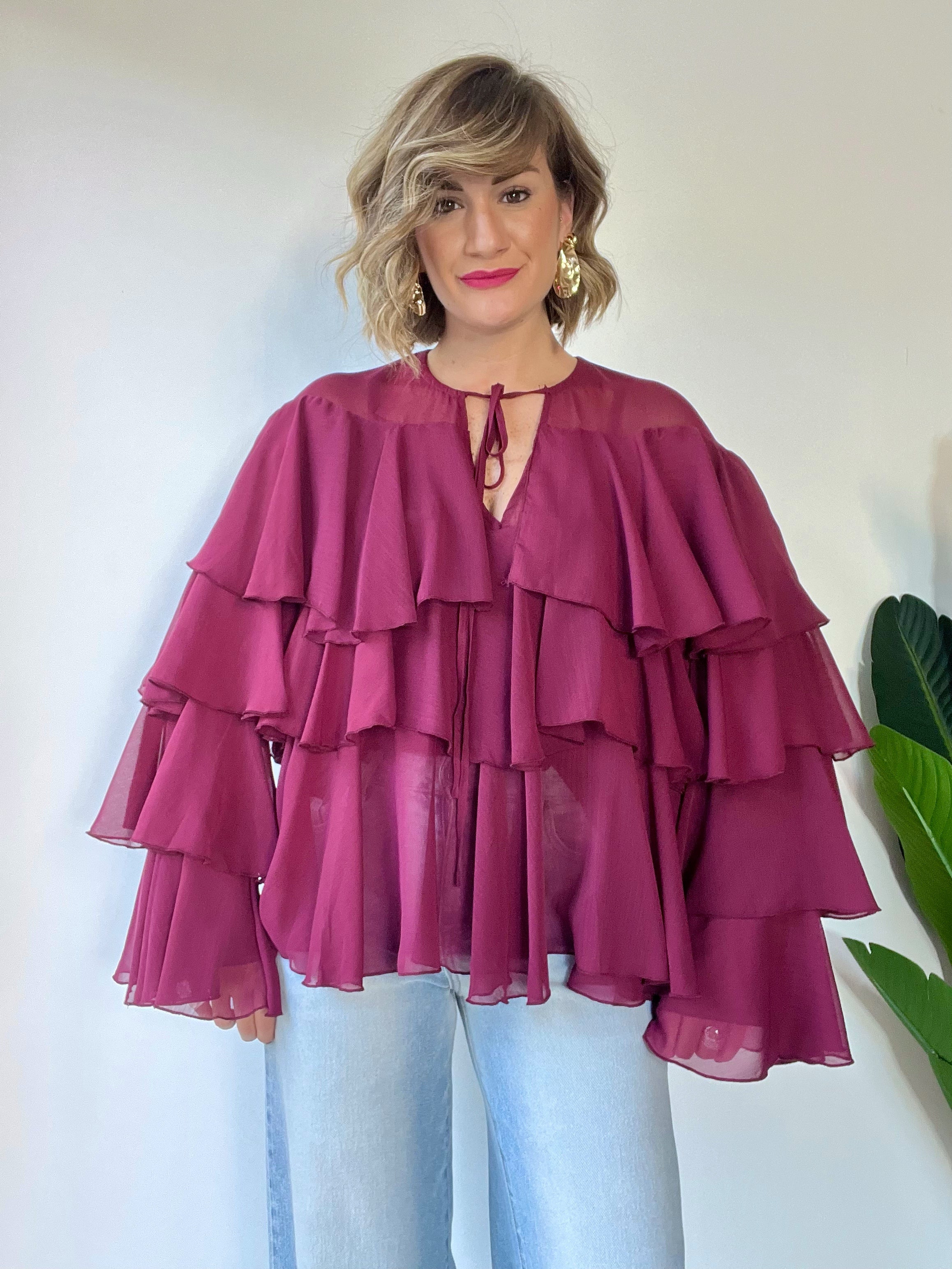 Camicia oversize a balze bordeaux