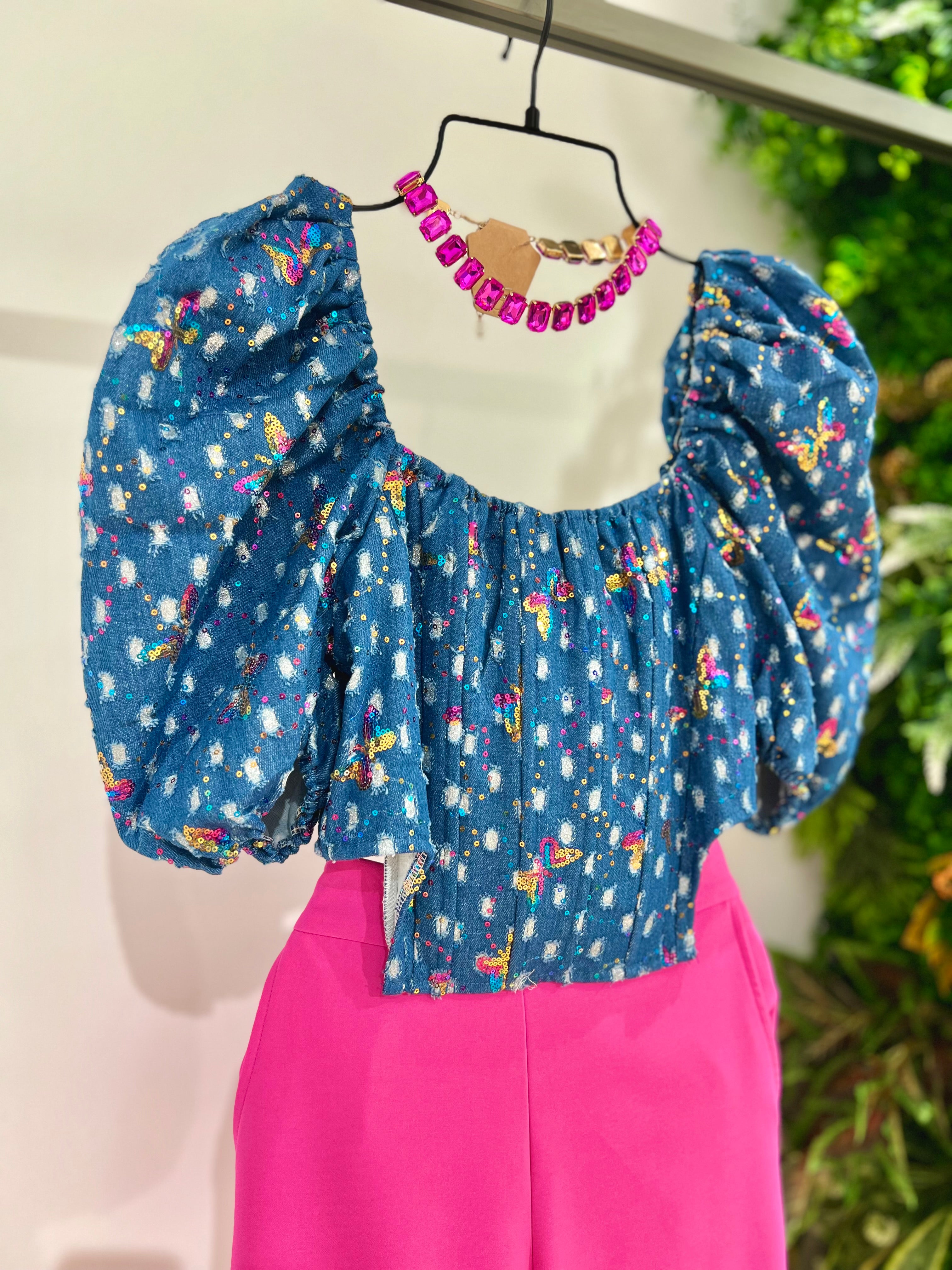Corpetto denim con pailettes colorate