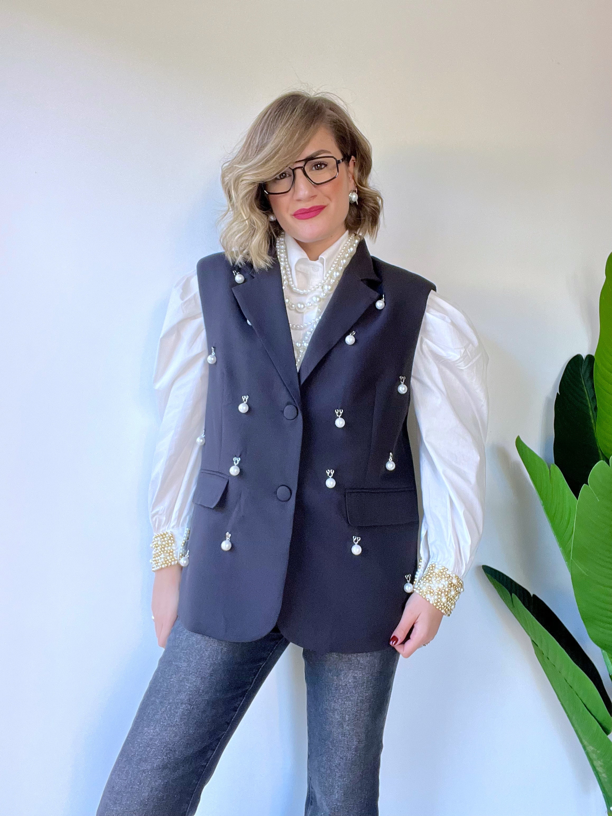 Camicia con maniche a palloncino e polsi con perle
