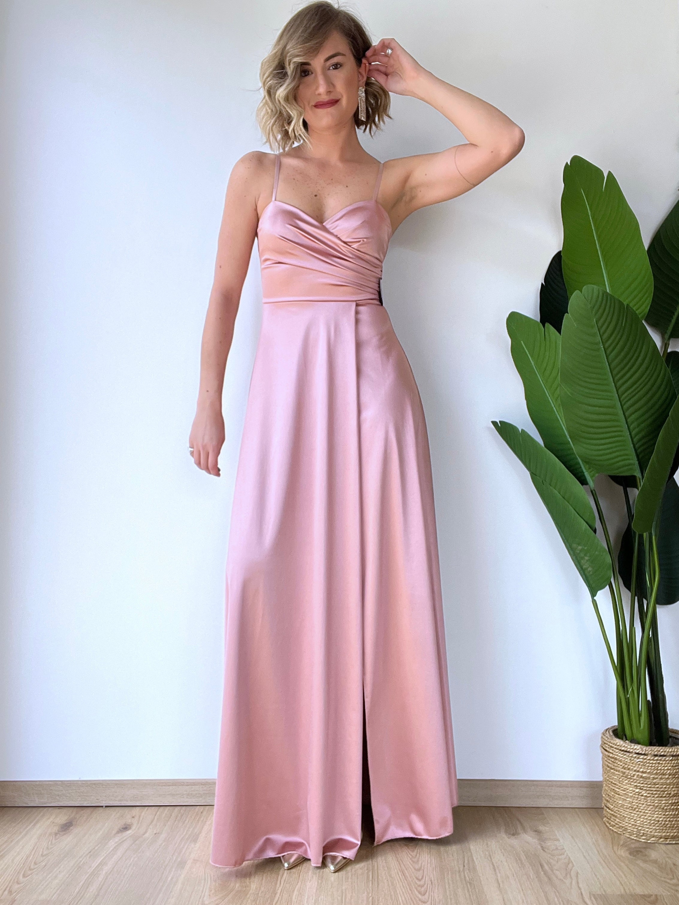 Vestito lungo in tessuto lucido rosa