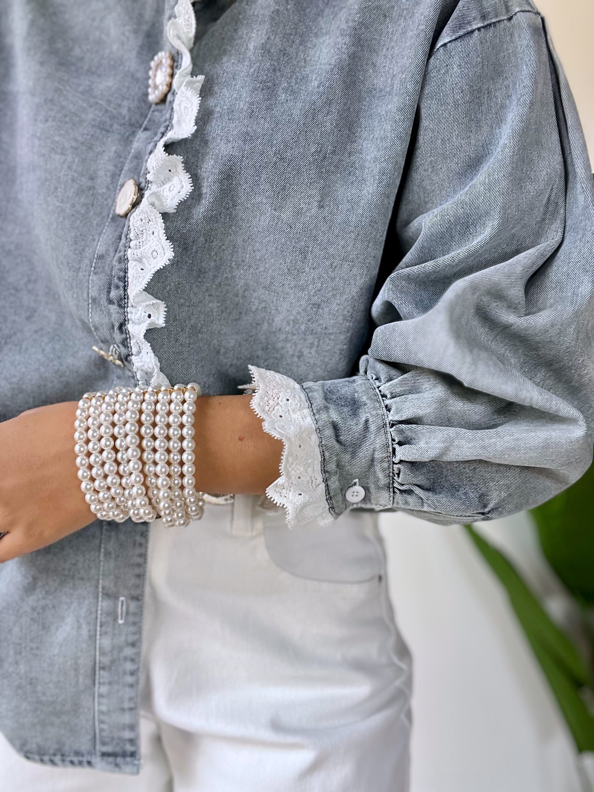 Camicia denim oversize con profili in pizzo