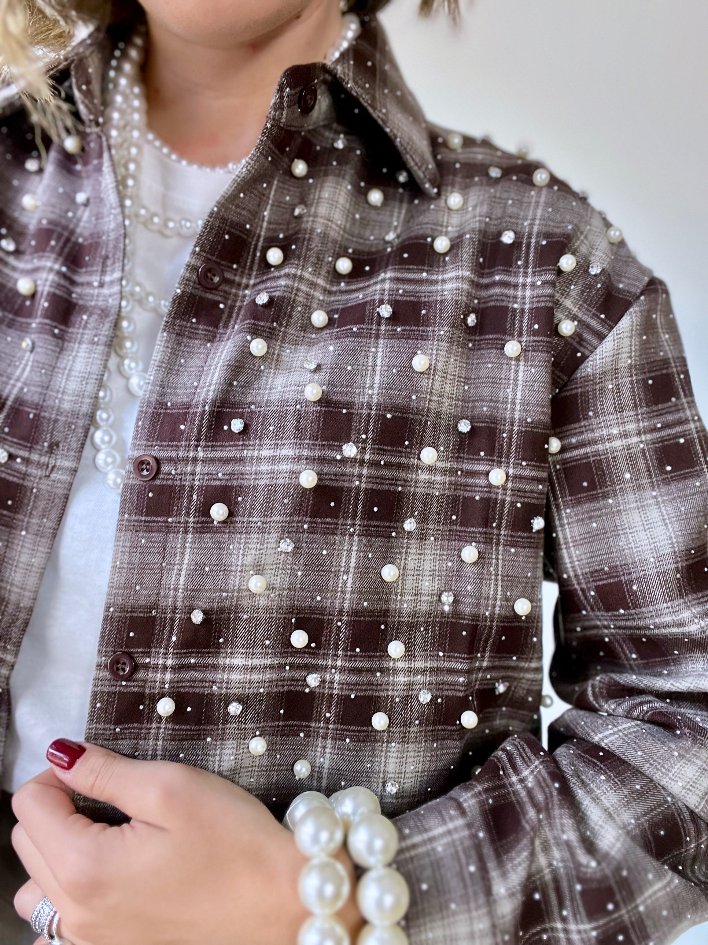 Camicia scozzese con strass e perle