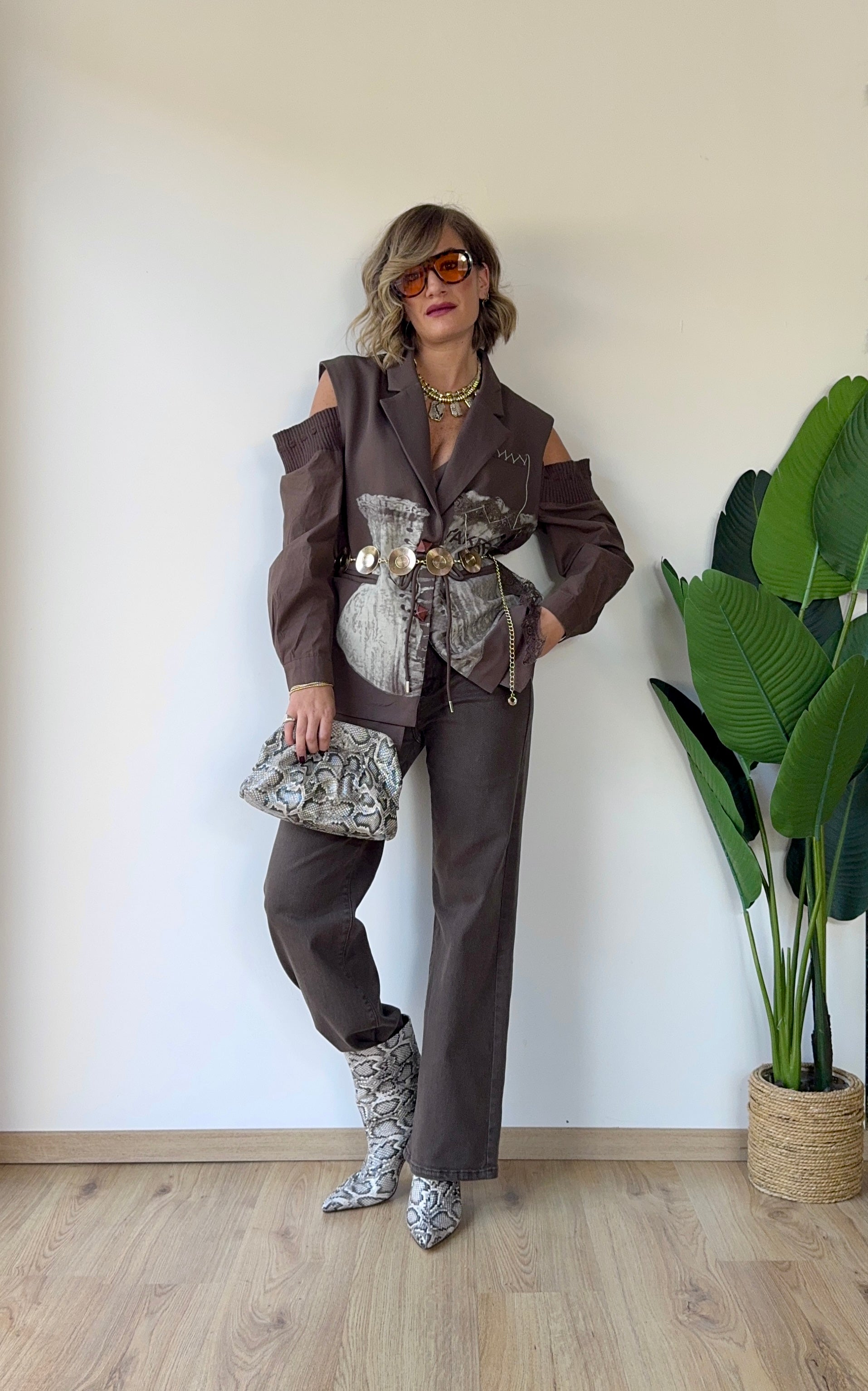 Blazer oversize con stampa e maniche camicia fango